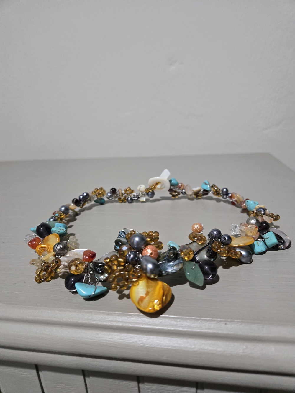 Handmade Multicolor Beaded Women's Necklace - Turquoise & Amber Accents